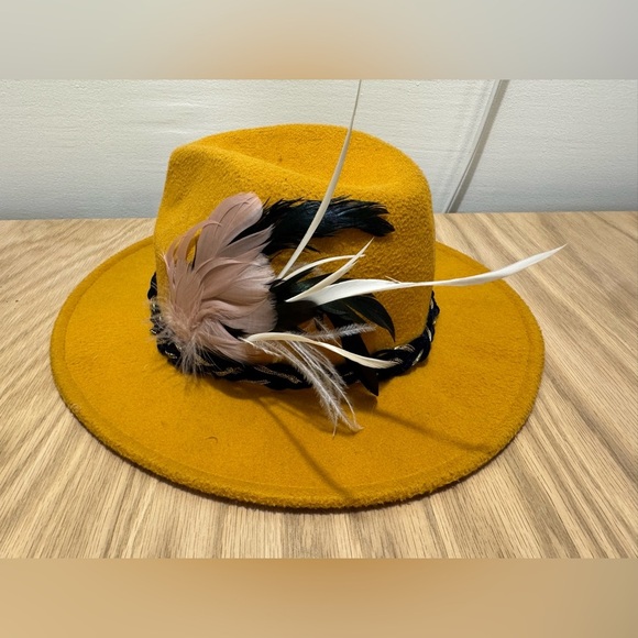 Mustard Yellow Feathered Panama Hat - Picture 2 of 6